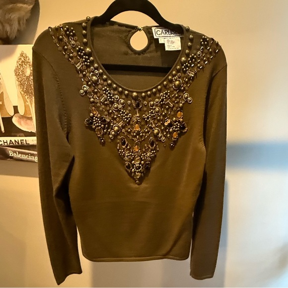 Carlisle Olive Green Embellished scoop neck long sleeve Sweater Size Large $325 - Picture 5 of 9
